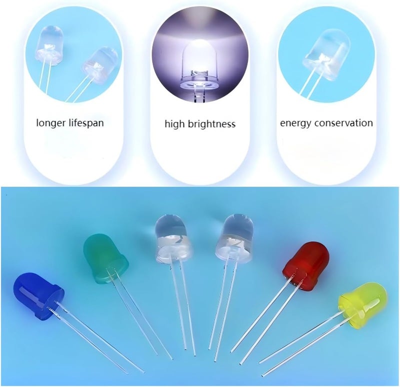 ProCircFix 50-Piece 10mm LED Diode Kit (10 Pieces for Each of 5 Colors) - Compatible with Arduino/Low-Voltage Circuits, high-Brightness F10 diffused Light-Emitting diode Combination - Image 3